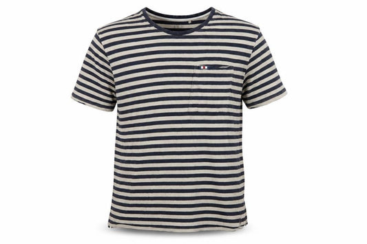 FQ1924 Men’s Blue Beige Striped Pocket T-Shirt Large Crew Neck