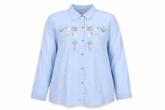 EWM Women Blue UK 16 Floral Embroidered Cotton Button-Up Shirt
