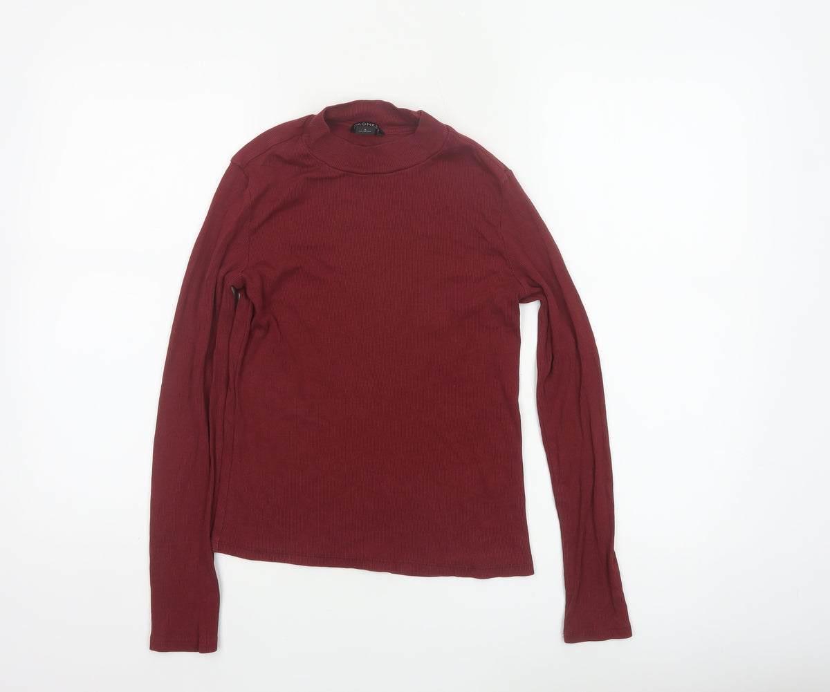 Monki Women Red Size 10 Ribbed High Neck Long Sleeve Basic Top