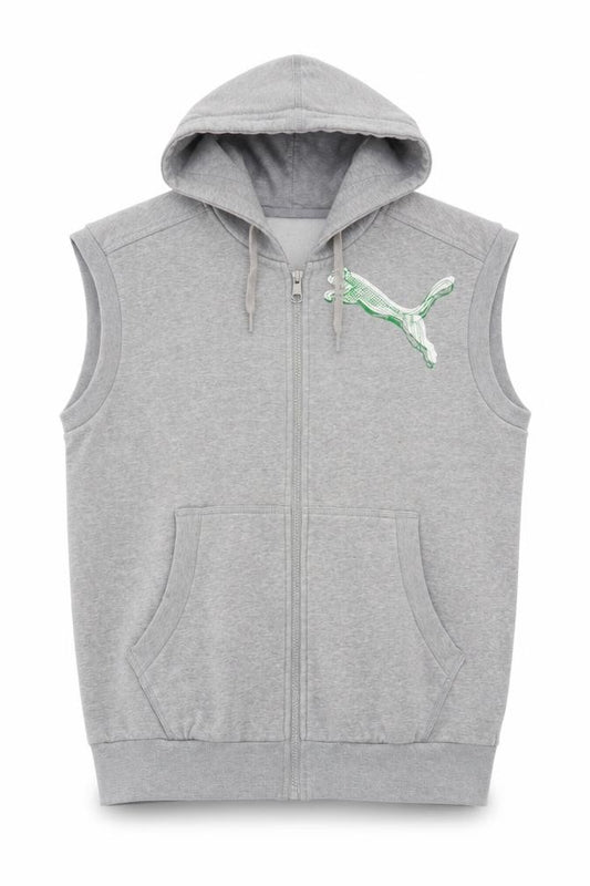 Puma Men's Grey M Full Zip Hooded Sleeveless Fleece Vest Hoodie Logo