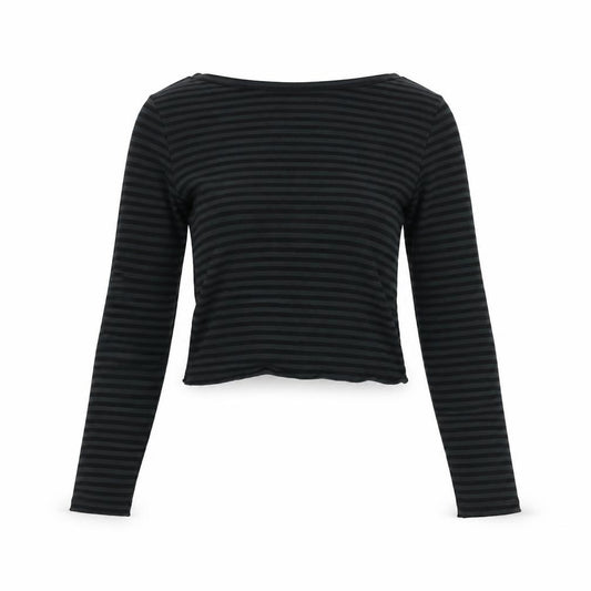 Weekday Women Green Black Stripe M Cropped High Neck Long Sleeve Top