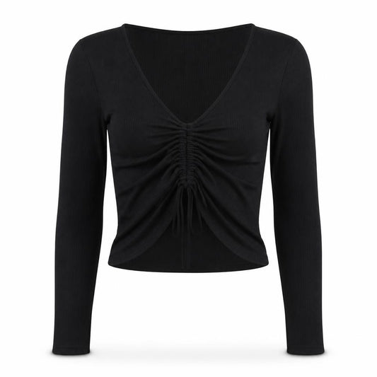 Stradivarius Women Black M Cropped Ruched V-Neck Long Sleeve Stretch Top