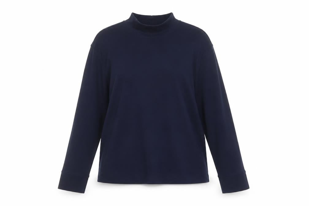 Lands' End Women's Blue M Basic Cotton Mock Neck Long Sleeve T-Shirt