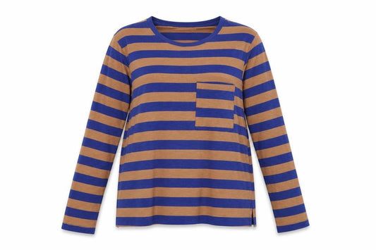 Marks and Spencer Women Blue Brown Stripe Size 14 Long Sleeve T-Shirt