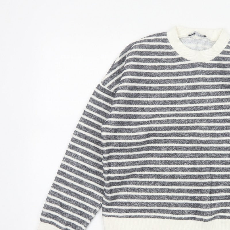 Zara Women Grey Ivory Striped Crew Neck Long Sleeve Basic Top Size S