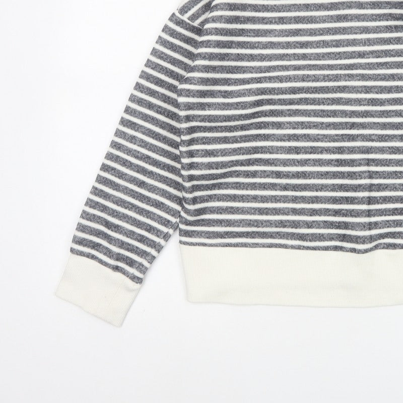 Zara Women Grey Ivory Striped Crew Neck Long Sleeve Basic Top Size S