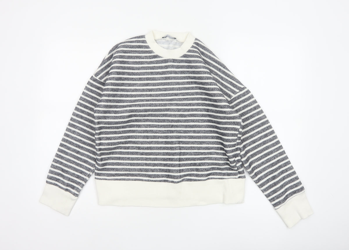 Zara Women Grey Ivory Striped Crew Neck Long Sleeve Basic Top Size S