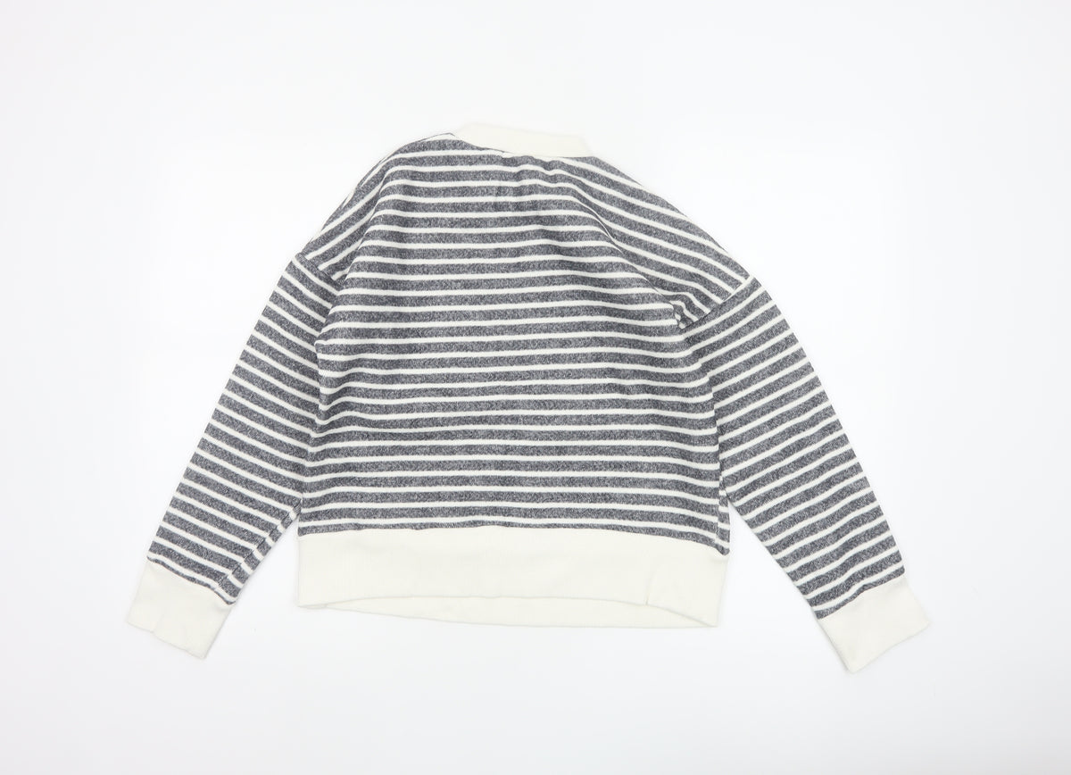 Zara Women Grey Ivory Striped Crew Neck Long Sleeve Basic Top Size S