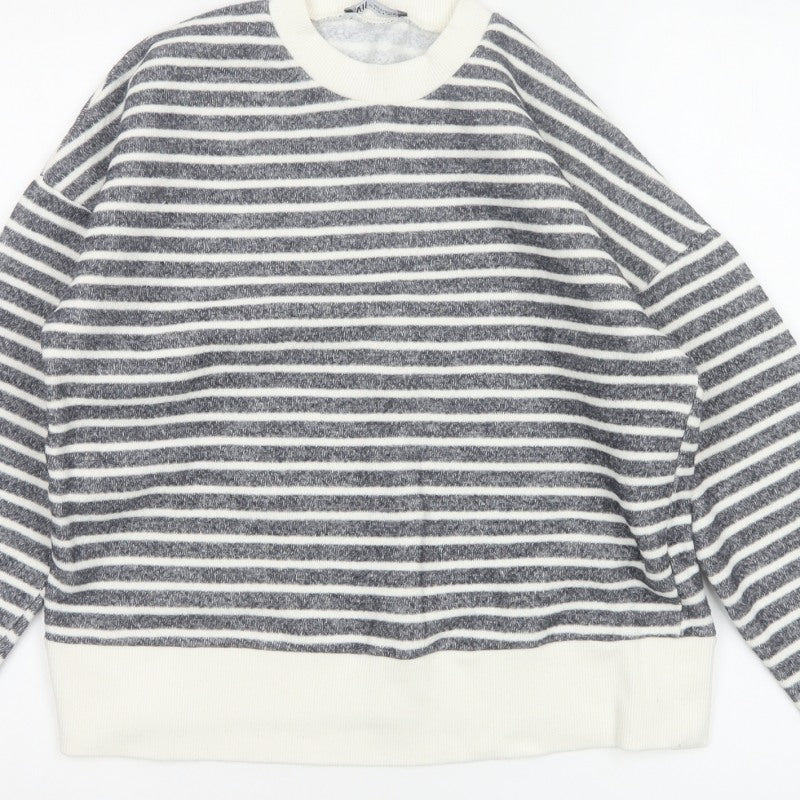 Zara Women Grey Ivory Striped Crew Neck Long Sleeve Basic Top Size S