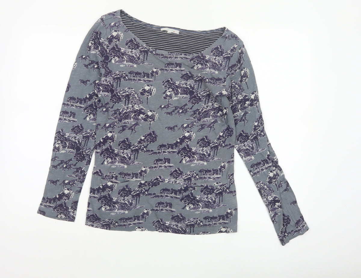 White Stuff Women Grey Horse Print Cotton Basic Boat Neck Blouse UK 8