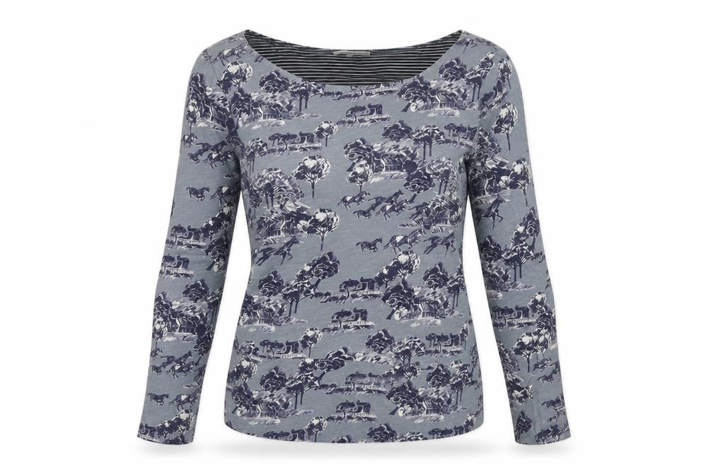 White Stuff Women Grey Horse Print Cotton Basic Boat Neck Blouse UK 8