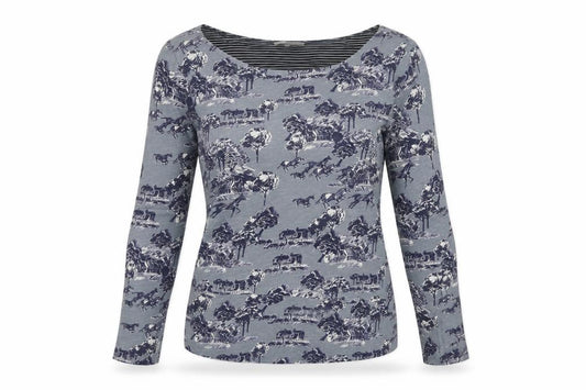 White Stuff Women Grey Horse Print Cotton Basic Boat Neck Blouse UK 8