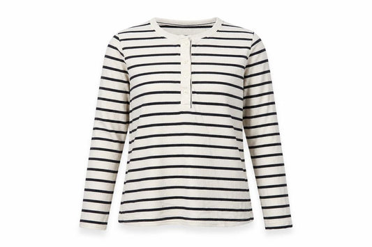 FatFace Women’s Ivory Black Stripe UK 10 Long Sleeve Jersey Henley Top