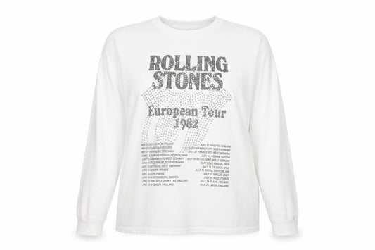 Rolling Stones Women White XL Long Sleeve Cotton Rhinestone Tour T-Shirt