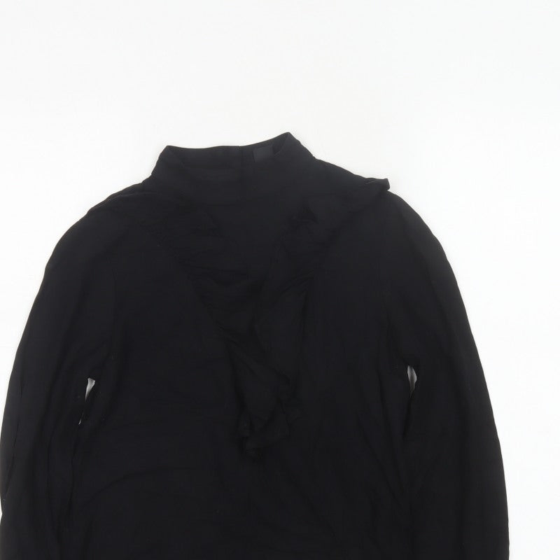 Monki Women Black XS High Neck Ruffle Long Sleeve Blouse