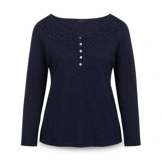 M&S Women’s Navy Blue UK 12 Cotton Lace V-Neck Long Sleeve Blouse