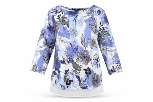 Isle Collection Women’s Blue Floral Tunic Blouse Size S 10-12 3/4 Sleeve