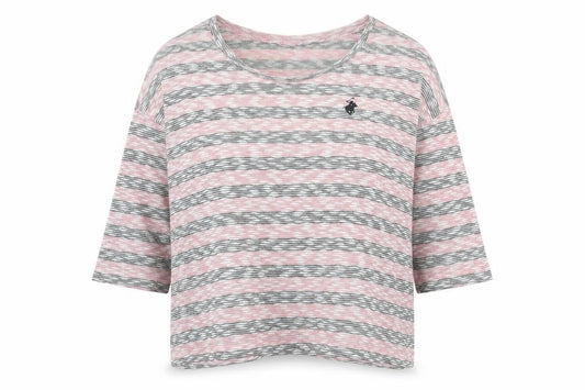 Beverly Hills Polo Club Women Pink Grey L Striped Jersey 3/4 Sleeve Top