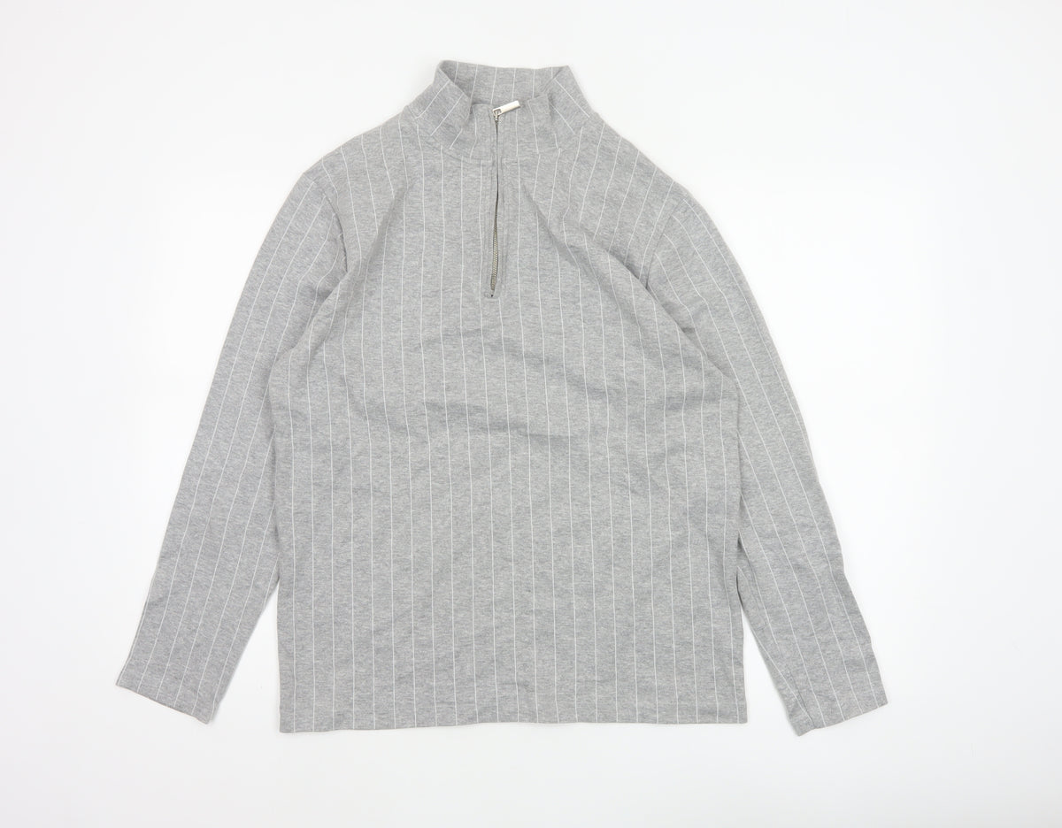 Topman Men Grey Pinstripe Quarter Zip Mock Neck Sweatshirt M