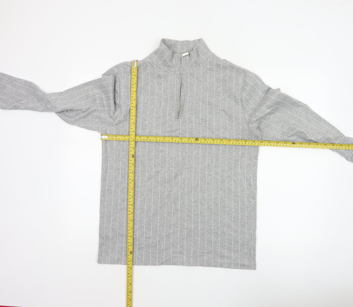 Topman Men Grey Pinstripe Quarter Zip Mock Neck Sweatshirt M