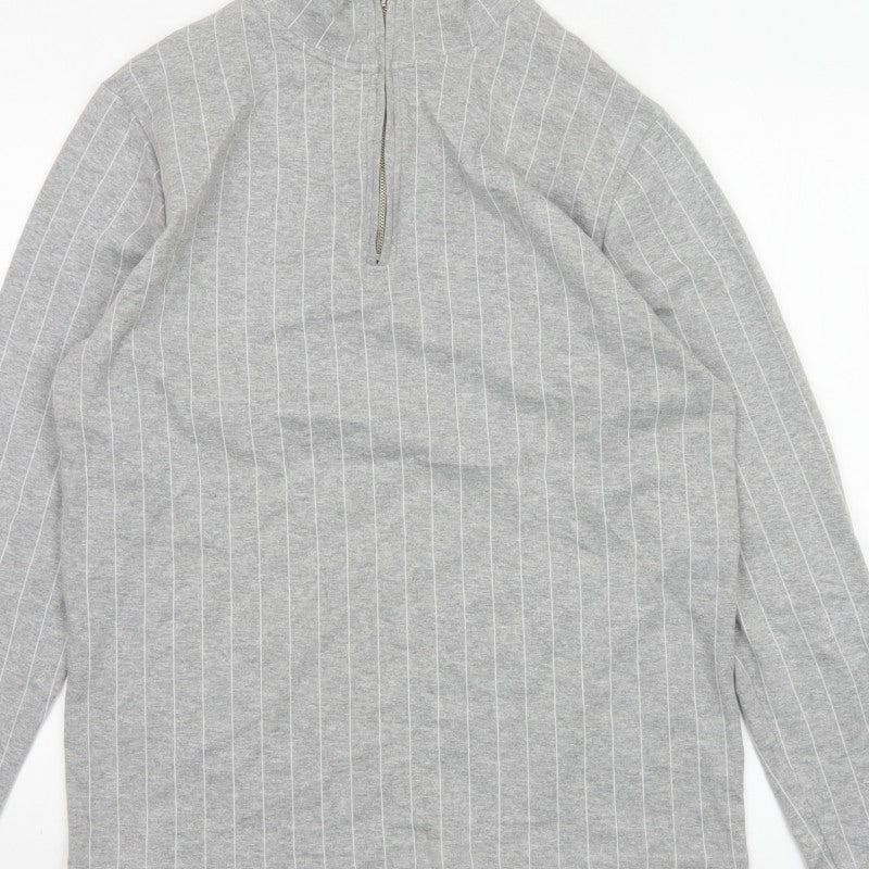 Topman Men Grey Pinstripe Quarter Zip Mock Neck Sweatshirt M