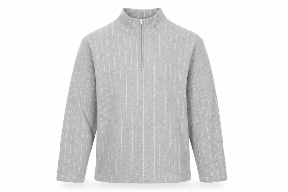 Topman Men Grey Pinstripe Quarter Zip Mock Neck Sweatshirt M