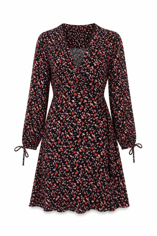 Ghost Women’s Black Floral Heart XS Short Wrap Dress Balloon Sleeves