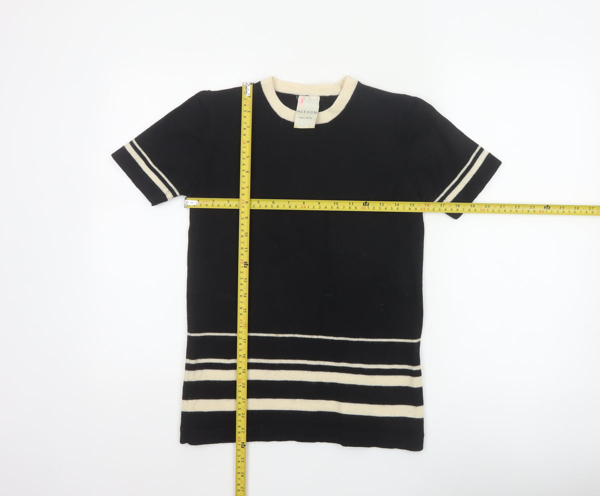 Alexon Women Black Ivory Striped 100% Wool Short Sleeve Pullover Jumper S