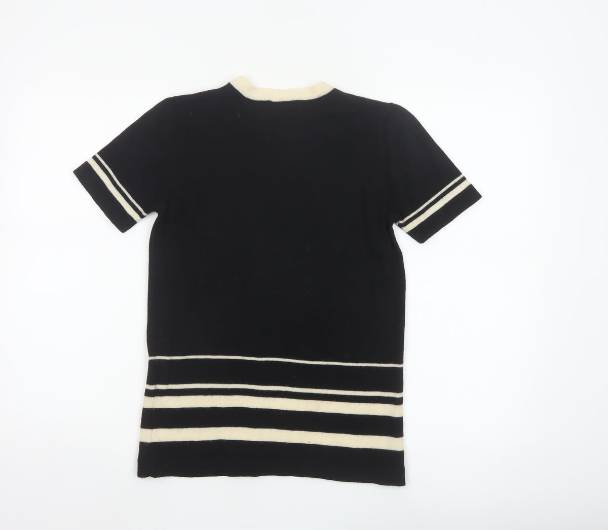 Alexon Women Black Ivory Striped 100% Wool Short Sleeve Pullover Jumper S