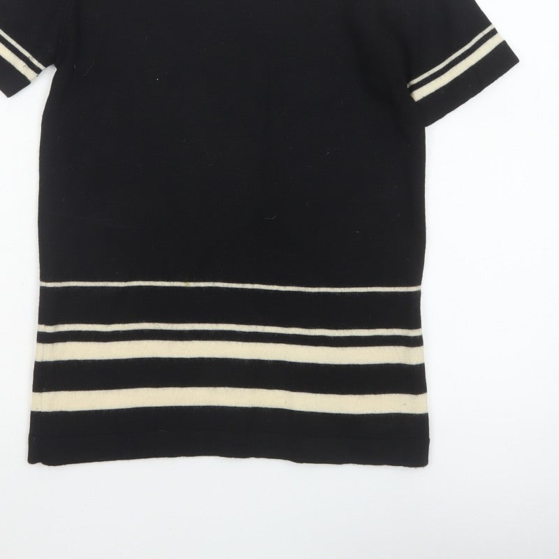 Alexon Women Black Ivory Striped 100% Wool Short Sleeve Pullover Jumper S