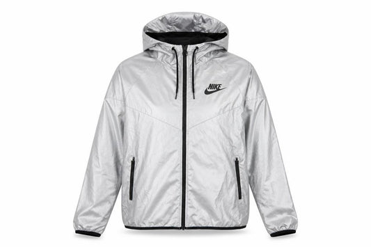 Nike Women Silver M Hooded Windbreaker Jacket Lightweight Zip