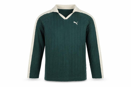 Puma Men's Green Small Long Sleeve Textured Striped Polo Shirt