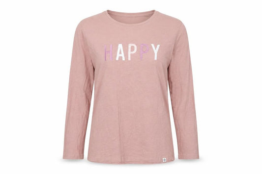 TOG24 Women Pink UK 8 Basic Happy Embroidered Long Sleeve Cotton T-Shirt