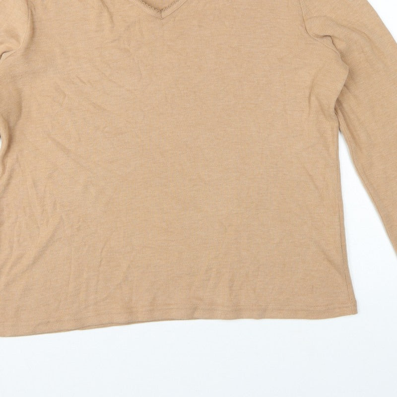 Dorothy Perkins Women Beige Size 16 Basic V-Neck Long Sleeve T-Shirt