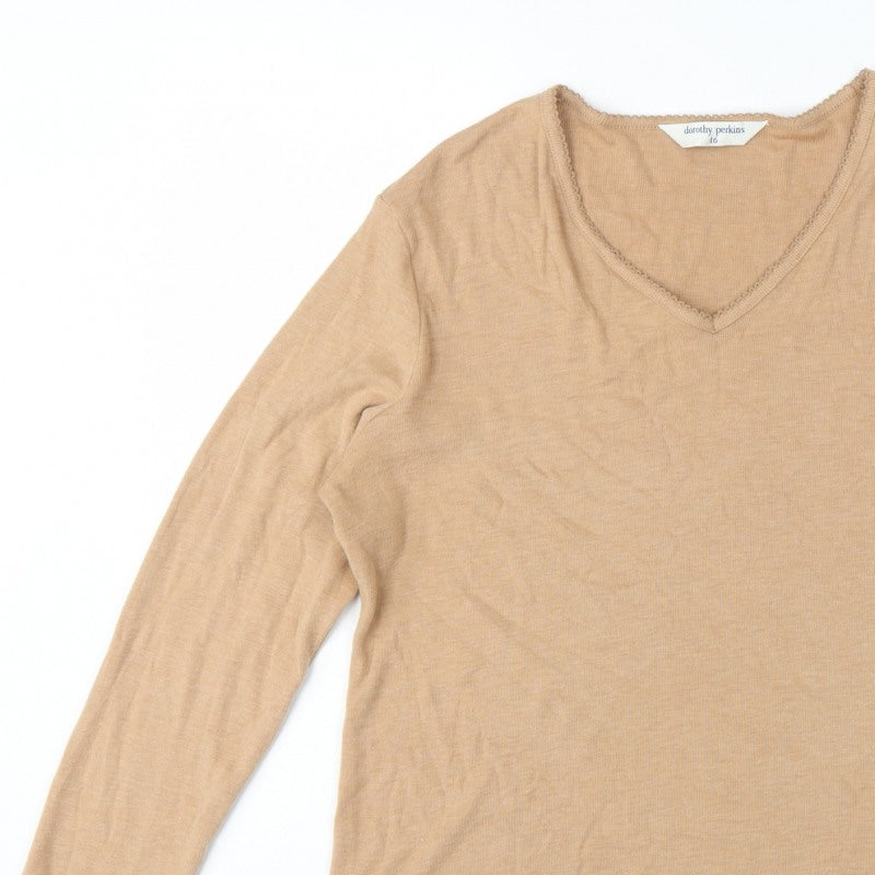 Dorothy Perkins Women Beige Size 16 Basic V-Neck Long Sleeve T-Shirt