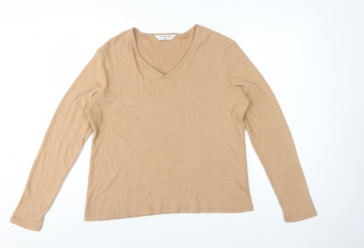 Dorothy Perkins Women Beige Size 16 Basic V-Neck Long Sleeve T-Shirt