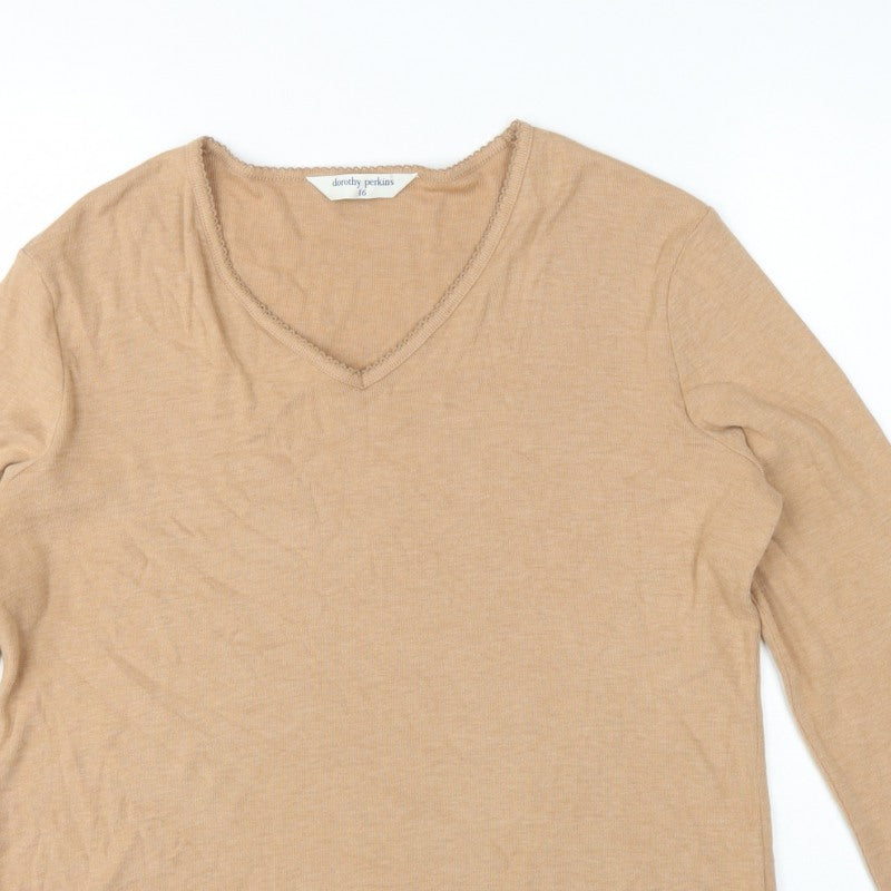 Dorothy Perkins Women Beige Size 16 Basic V-Neck Long Sleeve T-Shirt