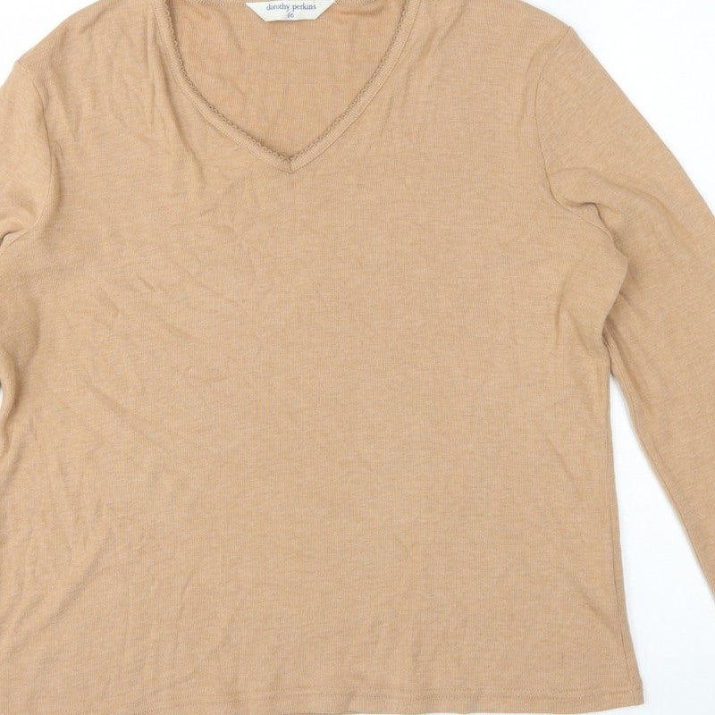 Dorothy Perkins Women Beige Size 16 Basic V-Neck Long Sleeve T-Shirt