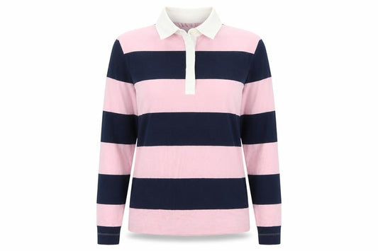 Marks and Spencer Women Pink Navy Stripe Rugby Polo Top UK 10 Long Sleeve
