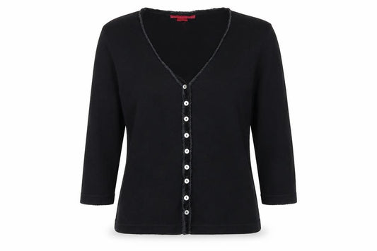 Monsoon Women Black UK 10 Jersey Button-Up V-Neck 3/4 Sleeve Cardigan