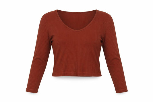Topshop Women Brown UK 12 Cropped Ribbed Scoop Neck Long Sleeve Top