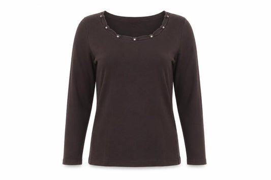 Cotton Traders Women Brown 10/12 Jersey Beaded Scoop Neck Long Sleeve Top