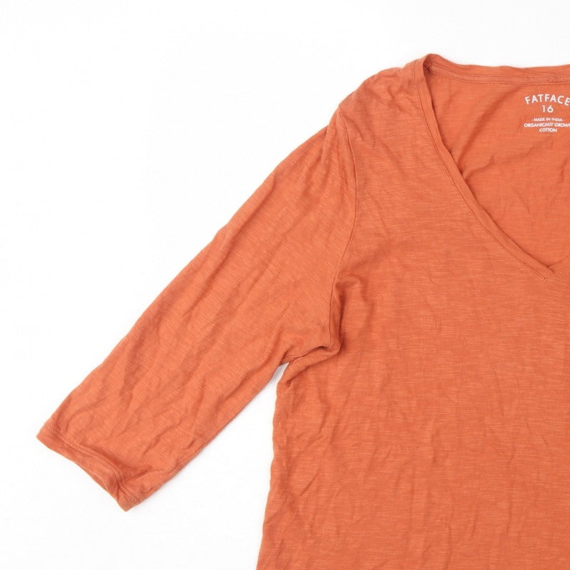 FatFace Women's Orange UK 16 Basic V-Neck 3/4 Sleeve Cotton T-Shirt