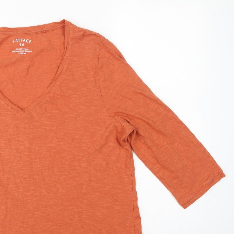 FatFace Women's Orange UK 16 Basic V-Neck 3/4 Sleeve Cotton T-Shirt