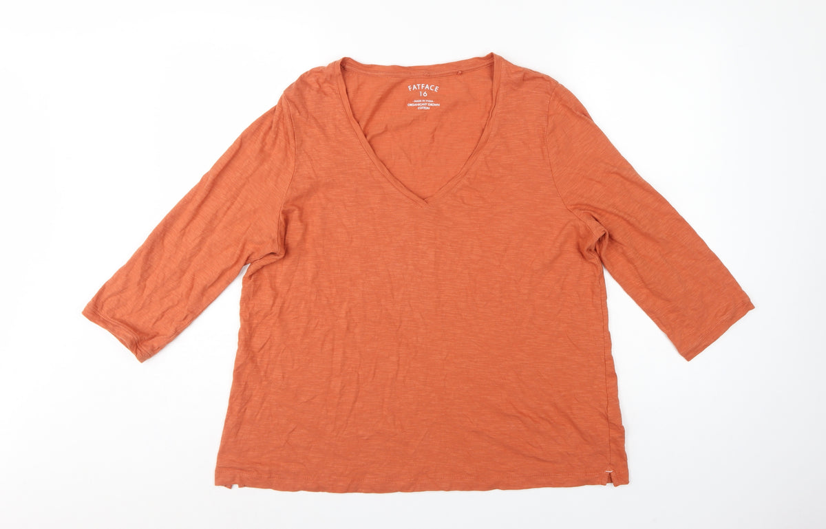FatFace Women's Orange UK 16 Basic V-Neck 3/4 Sleeve Cotton T-Shirt