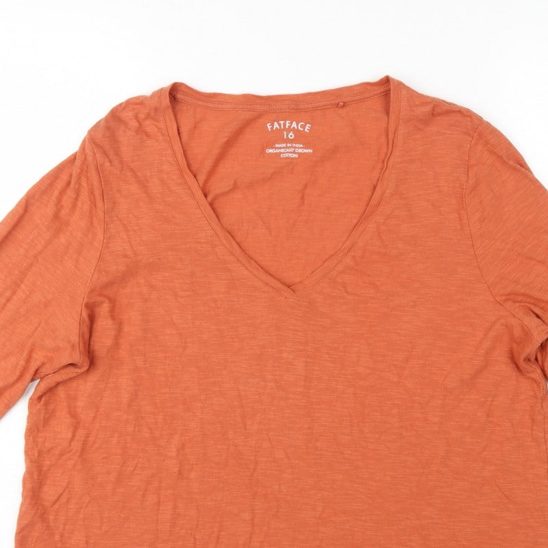 FatFace Women's Orange UK 16 Basic V-Neck 3/4 Sleeve Cotton T-Shirt