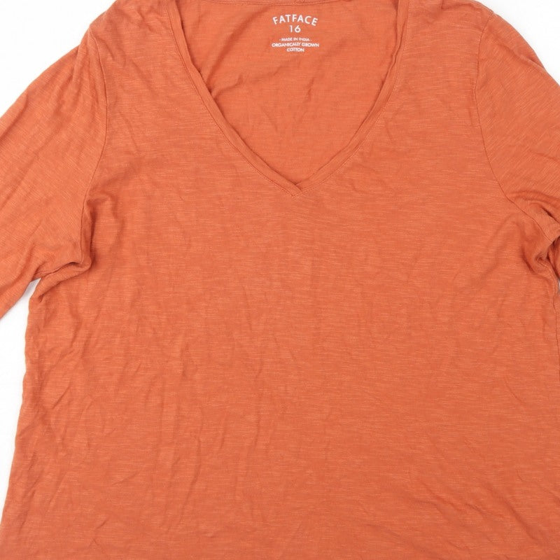 FatFace Women's Orange UK 16 Basic V-Neck 3/4 Sleeve Cotton T-Shirt