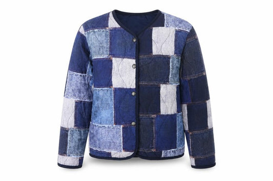 SUN Women's Blue S Basic Patchwork Lined Snap Jacket Made in Italy