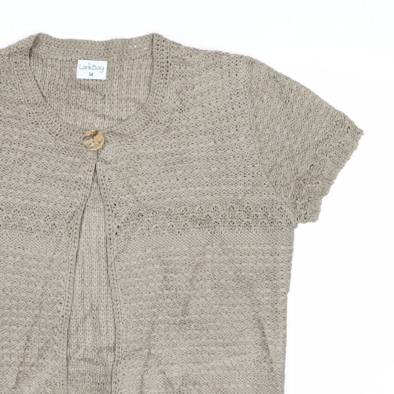 LarkBay Women's Beige M Open Knit Short Sleeve Button Cardigan