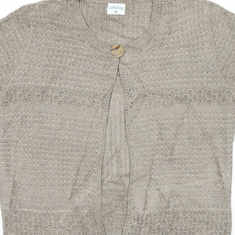 LarkBay Women's Beige M Open Knit Short Sleeve Button Cardigan